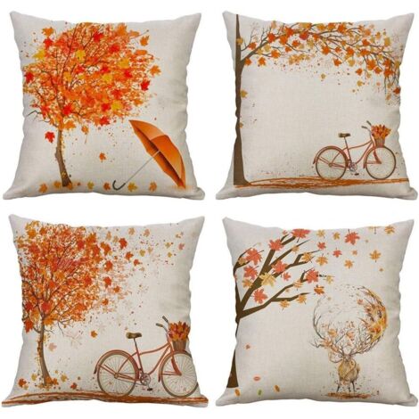 Lot de 4 taies d'oreiller carrées en coton et lin imprimé feuilles d'érable et élans d'automne, pour lit, voiture, canapé, maison, 45 x 45 cm (1/5)