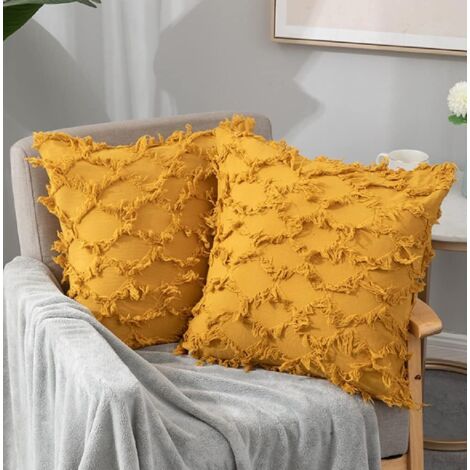 Housse de coussin, lot de 2 housses de coussin ondulées pour canapé 45x45cm, housse de coussin décorative ultra douce en fausse fourrure avec pompon pour salon, chambre, canapé (Jaune) (1/5)