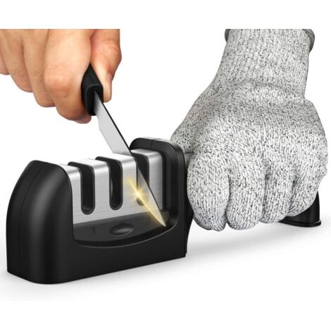 Affûteur de couteaux de cuisine manuel à 3 étapes avec gants de protection anti-coupure. Outil d'affûtage avec tige en acier tungstène et céramique revêtue de diamant et antidérapante. (1/5)