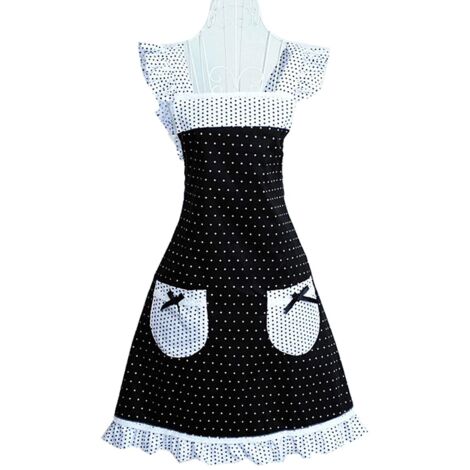 Tablier de cuisine rétro à pois pour femme, bretelles à volants rétro, ajustable, avec poches et nœud. (1/5)