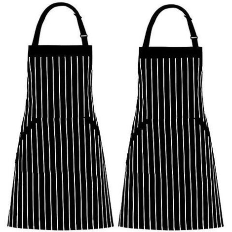 Tabliers de cuisine rayés en polycoton (lot de 2) avec poches, noirs (1/4)