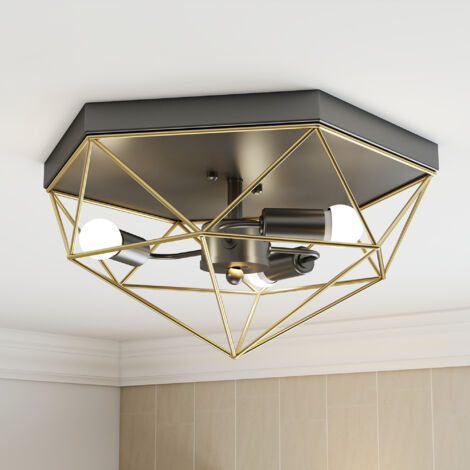 Plafonnier style industriel, design géométrique, 3 douilles E27, idéal pour le salon, la chambre et le bureau, ampoule non incluse, coloris noir et or (1/5)
