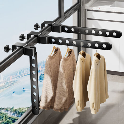 Lot de 3 portants à linge sans perçage, à suspendre à la fenêtre, détachables, gain de place, en alliage d'aluminium, pour balcon (1/5)