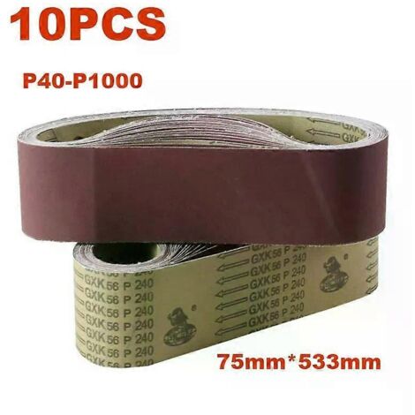 Lot de 10 bandes abrasives 533×75 mm pour ponceuses, papier de verre pour polissage