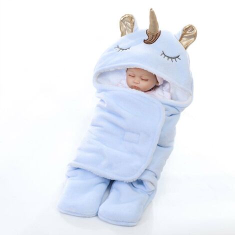 Licorne Bebe Gigoteuse Emmaillotage Naissance Fille Garçon Couverture Enveloppante Epais avec Capuche Nid d'ange Chaud en Velours Corail Nouveau-né Gigoteuse Pieds Séparés Turbulette Bébé, Bleu