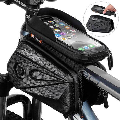 Sacoche de cadre de vélo avec 3 poches, sacoche étanche pour tube supérieur, sacoche de guidon, support de téléphone portable pour vélo, sac pour téléphones de moins de 6,5 pouces, pratique vélo de co (1/5)