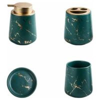 Ensemble de 4 accessoires de salle de bain en céramique marbrée - Distributeur de savon, porte-brosse à dents, gobelet, porte-savon - Vert foncé