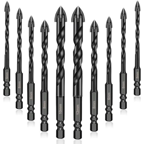 10Pcs forets à maçonnerie en carbure de tungstène, Forets Pour Carrelage Verre pour porcelaine, carrelage, béton, mur de brique, verre, miroirs, plastique, et bois - 5/5/6/6/6/6/8/8/10/12mm (1/5)
