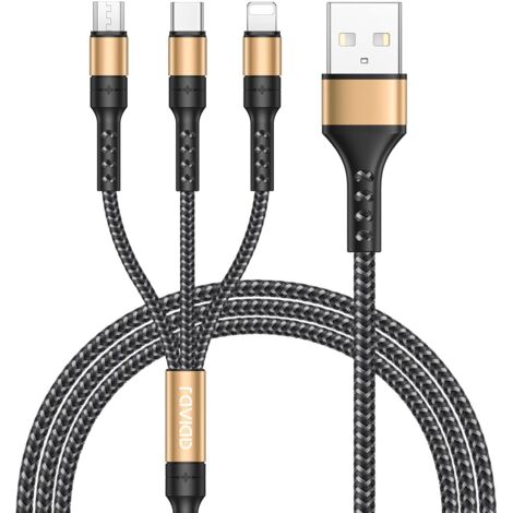 3 en 1 Câble Universel [1.3M] Multi USB Câble de Chargement en Nylon avec Micro USB Type C Lightning Câble pour iPhone, Samsung Galaxy, Huawei, Honor.
