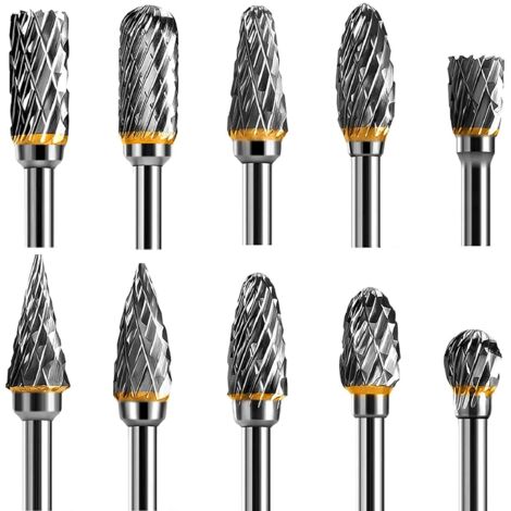 Jeu de Fraises Rotatives Acier Carbure de Tungstène Double Tranchant pour Outil rotatif, 10 pièces Tige 1/8” pour Outil Rotatif pour Bricolage, Sculpture sur bois, Polissage métaux, Gravure, Perçage