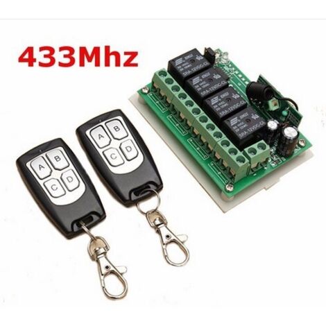 433MHZ Télécommande à Canaux sans Fil DC 12V 4CH Interrupteur à Relais RF Longue Distance 2 Émetteurs +1 Récepteur pour Porte de Garage/Portail Alarme