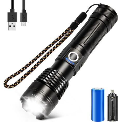 Lampe Torche Rechargeable USB Zoomable - LED, Batterie 18650, Alliage Aluminium, Noir, Neuve