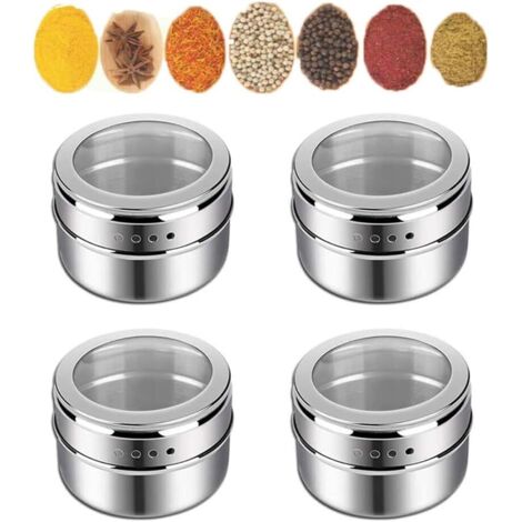 4Pcs Épices Réservoir, Pot à Épices Rond, Pots à Épices Magnétique, Pot à Épices Léger, Ensemble d'assaisonnement, Pot à Épices en Acier Inoxydable, pour Sel, Poivre , Assaisonnement aux Épices (1/5)