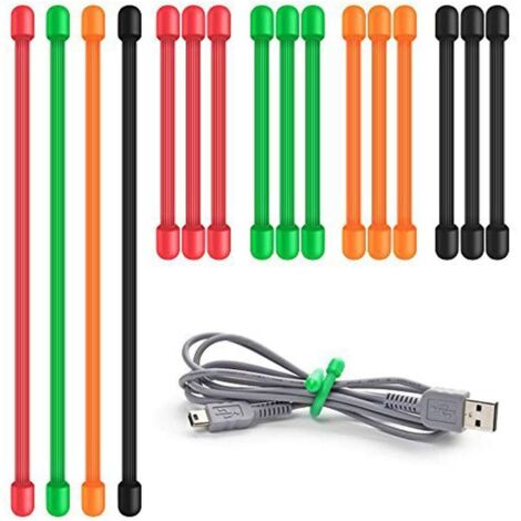 Attaches torsadées Lot de 16 serre-câbles en silicone Organisateur de cordons en caoutchouc réutilisable polyvalent pour la gestion des câbles (3 pouces, 6 pouces) (1/5)