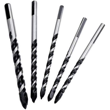 Lot de 5 forets à maçonnerie multi-matériaux en alliage triangulaire, pointe pour béton, brique, verre, plastique et bois 6 mm, 8 mm, 10 mm, 12 mm (1/5)