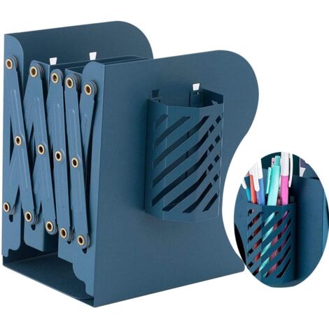 Serre-Livres Réglable en Métal, Décoratif Réglable en Métal Livre en Métal Étagère Organisateur Serre-Livres avec Porte-Stylo pour la Maison, Le Bureau, l'école, la bibliothèque, Bleu
