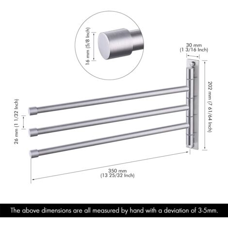 Porte Serviette Sans Percage 3 Barres Rotatives Noir INOX - Support Serviette Salle De Bain Mural 24 Cm
