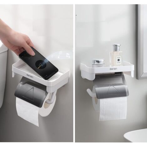 Porte Papier Toilette Mural Adhésif Avec Rangement - Support Inox Noir Anti-Empreintes Sans Percage