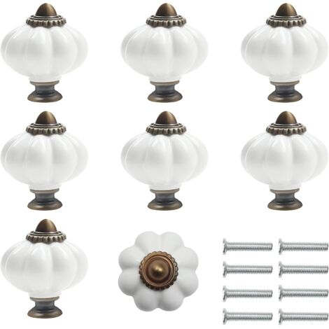 Bouton Ceramique Meuble Blanc et Bronze avec Vis en Forme de Citrouille (Lot de 8) - 3 x 3.5 cm - Bouton de Meuble Rond Vintage - Pour Maison, Bureau, Armoire de Cuisine, Tiroirs et Placard