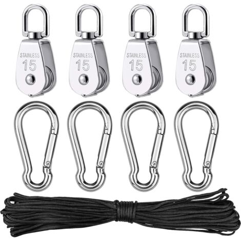 4 pièces Poulie en Acier Inoxydable, Poulie de Levage Simple avec Corde pour Cordes Camping Randonnée Pédestre