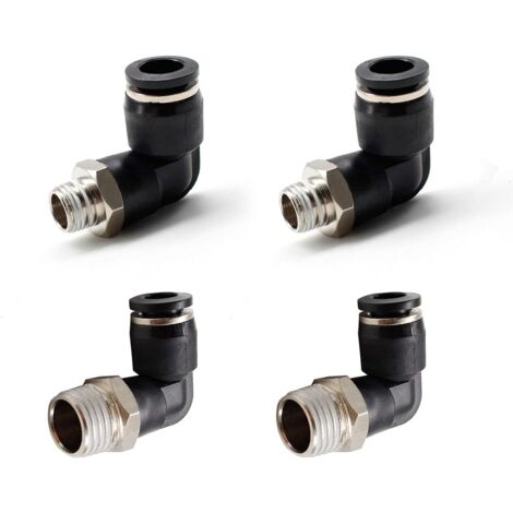 4 Pièces Connecteurs Pneumatiques, Deux Modèles Différents (6MM × 1/4" et 8MM × 1/8") Raccords Rapides à Filetage Mâle, Noir Coude Pneumatique Connecteur, Convient aux Outils de Bricolage