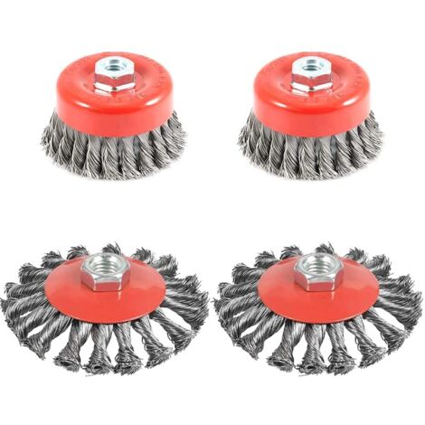 4pcs Brosse Métallique Nettoyage, Brosse Conique pour Meuleuse d'angle, Brosse de Ponçage en acier Torsadé, Diamètre de 75 mm et 100 mm, M14 (1/5)