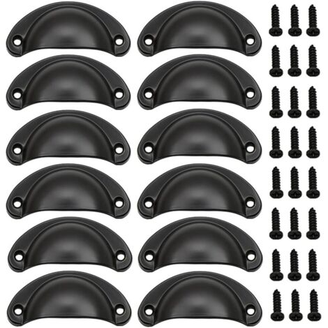 12 Pièces Poignée de Porte Coquille, Rétro Poignées de Porte, Poignées de Meubles Traditionnelles en Demi Lune Avec Vis, pour Tiroir, Armoire, Commode (Noir)