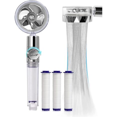 Douchette, Pommeau de Douche Anti Calcaire Economie Deau, Pommeau de Douche Helice Haute Pression Pivotant à 360 °, Filtre à Trois Niveaux Système de Filtrage Avec,3 Coton PP Remplaçable (Silver) (1/5)