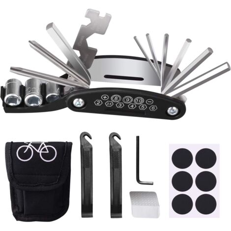 Trousse d'outils de vélo, 16 en 1 Ensemble Outils Réparer pour Vélos Réparation, Kit Réparation Vélo Pneu Outil Multifonctions pour Bicyclette Trotinette Moto, avec Patch et Leviers de Pneu (1/5)
