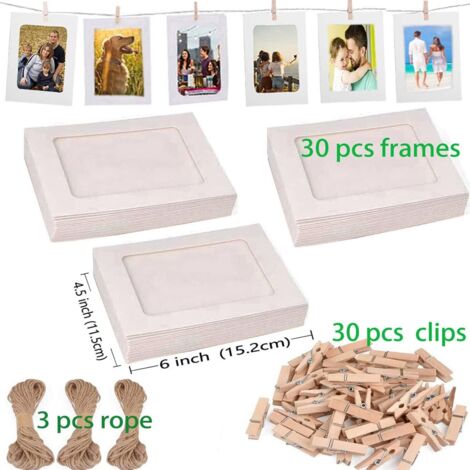 Lot 40 Cadres Photo Carton 10,2x15,2 Cm + 40 Clips Bois + 4 Cordes Chanvre – Kit DIY Suspension Murale Photos, Déco Vintage Maison & École