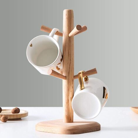 Shirene Porte-Tasses En Bois Avec 6 Crochets - Arbre à Mugs Amovible Pour Cuisine Et Table