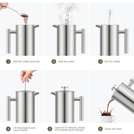 Sampoes Cafetière à Piston 1000ml French Press Inox Double Paroi - Argent