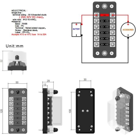 Boîte à Fusibles Voiture 6 Voies - Avec Voyants LED, Fusibles ATC/ATO Inclus, Pour Auto, Bateau, Camping-car