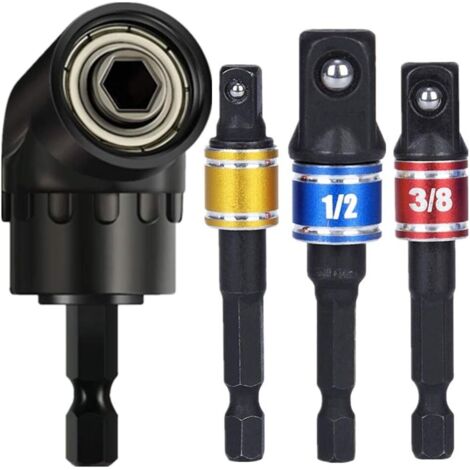 3 pièces 1/4 "3/8" 1/2 "Cr-V adaptateur de douille hexagonale adaptateur de douille clé à douille jeu d'écrous + 1 pièces 105 ° support d'angle clé d'angle adaptateur de fixation 1/4" poignée hexagona (1/5)