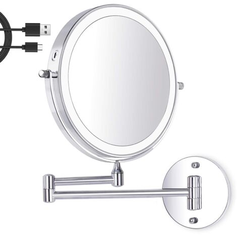 8 Pouces LED Miroir Maquillage Mural, Miroir Grossissant Lumineux, 1X/7X Grossissement 3 Couleurs de Lumière Réglables Charge USB, 360° Pivotant Extensible, pour Salles de Bain et Famille