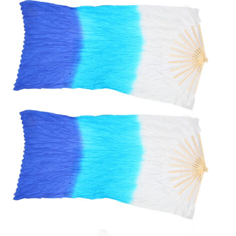 Lot de 2 éventails en soie artificielle de 1,5 m pour la danse du ventre, en bambou, tricolores (blanc, cyan, bleu). Accessoires de danse carrée.