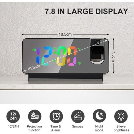 Cuteefun Réveil Projecteur Plafond - Horloge Numérique Avec Projection 180° Sur Mur Ou Plafond, Écran Miroir LED, Température, Snooze, Mode Nuit, Luminosité Réglable Pour Chambre