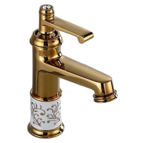 Mitigeur de Lavabo Style Européen en Céramique Blanche et Or – Eau Chaude et Froide, Monotrou, Motifs Sculptés, Finition Luxueuse, Raccord G1/2 avec Flexibles (1/2)