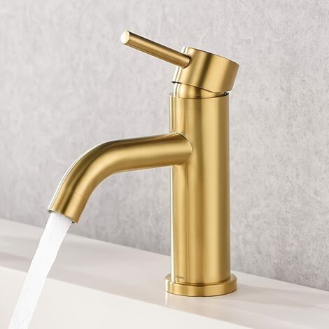 Mitigeur de Lavabo Courbé en Acier Inoxydable Doré – Eau Chaude et Froide pour Vasque, Lavabo et Plan de Toilette