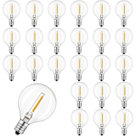 Lot de 25 ampoules LED G40 sphériques en verre, étanches IP44, lumière blanc chaud, compatibles avec les guirlandes lumineuses, 0,6 W, 220-240 V, culot E12, 2200 K, pour usage extérieur. Guirlande lum