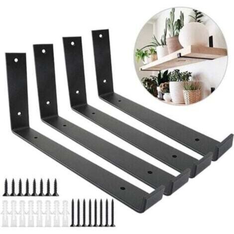 Un ensemble de 4 supports muraux robustes de 4 mm d'épaisseur pour échafaudage et support d'étagère murale  supports d'étagère industriels noirs avec vis assorties (25 cm). (1/4)