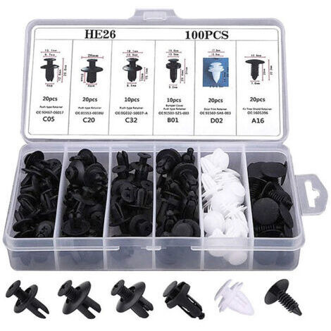100 pinces, rivets et fixations universels pour passages de roue automobile (6 tailles disponibles). (1/5)