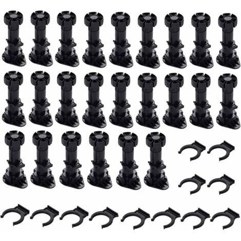 24 pieds d'armoire en plastique, pieds de meubles, (80 mm-100 mm) pieds de meubles réglables, pieds de meubles en plastique noir avec base de fixation à clip pour meubles de cuisine, armoire et canapé (1/4)