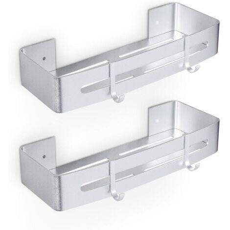 Étagère de douche en aluminium en deux parties avec crochets, sans perçage, adaptée aux paniers de douche. (1/5)