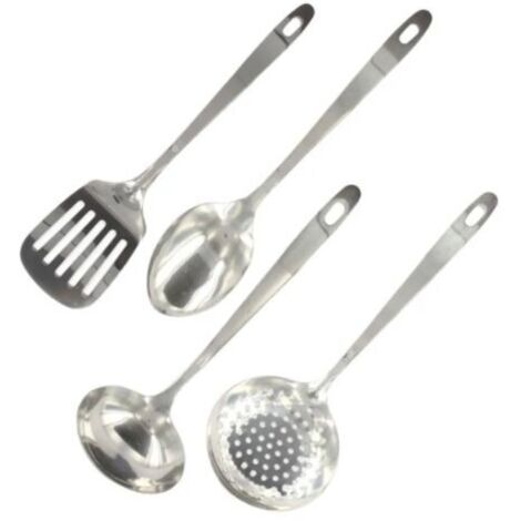 Un ensemble de quatre ustensiles de cuisine en acier inoxydable : louche, passoire, cuillère et écumoire. (1/5)