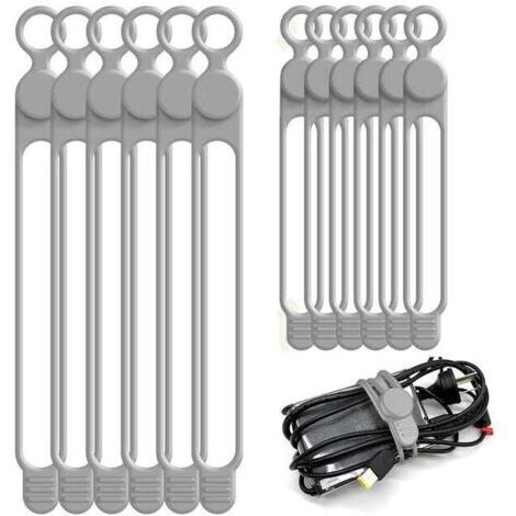 Lot de 12 serre-câbles en silicone (10 cm et 18 cm) - Réutilisables - Pour la maison, le bureau, la cuisine, l'école et les voyages - Gris (1/4)