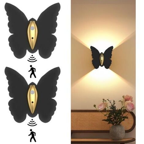 Lampe murale papillon rechargeable d'intérieur - Lampe murale à détecteur de mouvement + télécommande - Lot de 2, noir (1/4)