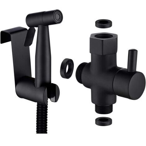 Ensemble WC et douche en acier inoxydable avec bidet et douchette, comprenant un mitigeur trois voies 3/8"-12/17 et un flexible de douche de 1,2 mètre, idéal pour les WC suspendus, noir. (1/5)