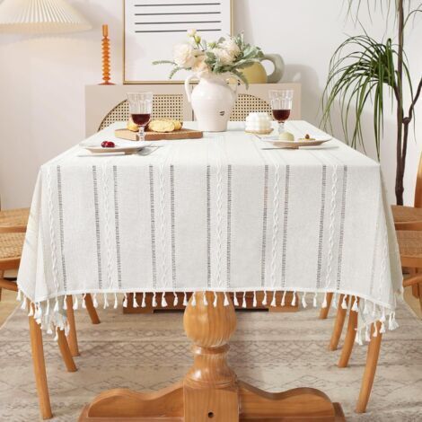 Nappe à pompons simple - idéale pour la décoration de table, les repas quotidiens et les fêtes - 1 pièce, beige, 140 x 140 cm (1/4)