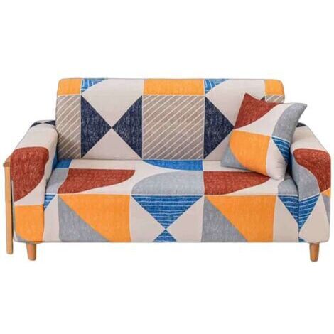 Housse de canapé extensible double avec accoudoirs - motif géométrique moderne, coloris jaune et bleu, protège efficacement le canapé, facile à nettoyer et crée un salon élégant. (1/5)